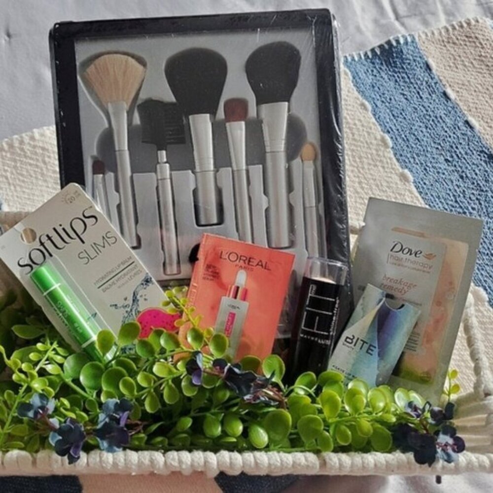 Makeup Brush Set with Assorted Beauty Products- Basket Not Included